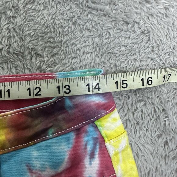 Womens‎ Tie Dye Fringe Shorts Size M Festival Boho Y2K Grunge Rainbow Denim Fun - Picture 3 of 10